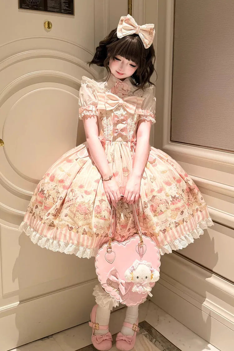 Pink [Strawberry Ice Cream Cheesecake] Square Collar Short Sleeves Printed Ruffled Bow Lace Casual Sweet Lolita Jsk Dress