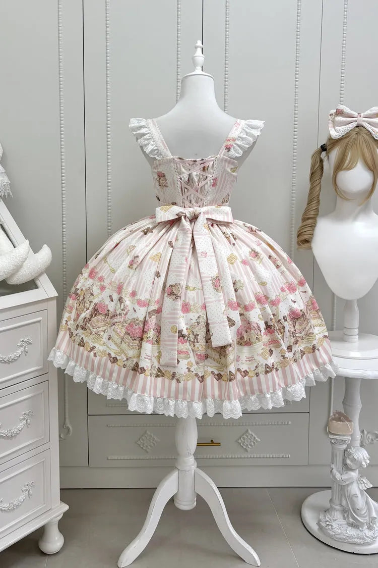 Pink [Strawberry Ice Cream Cheesecake] Square Collar Short Sleeves Printed Ruffled Bow Lace Casual Sweet Lolita Jsk Dress