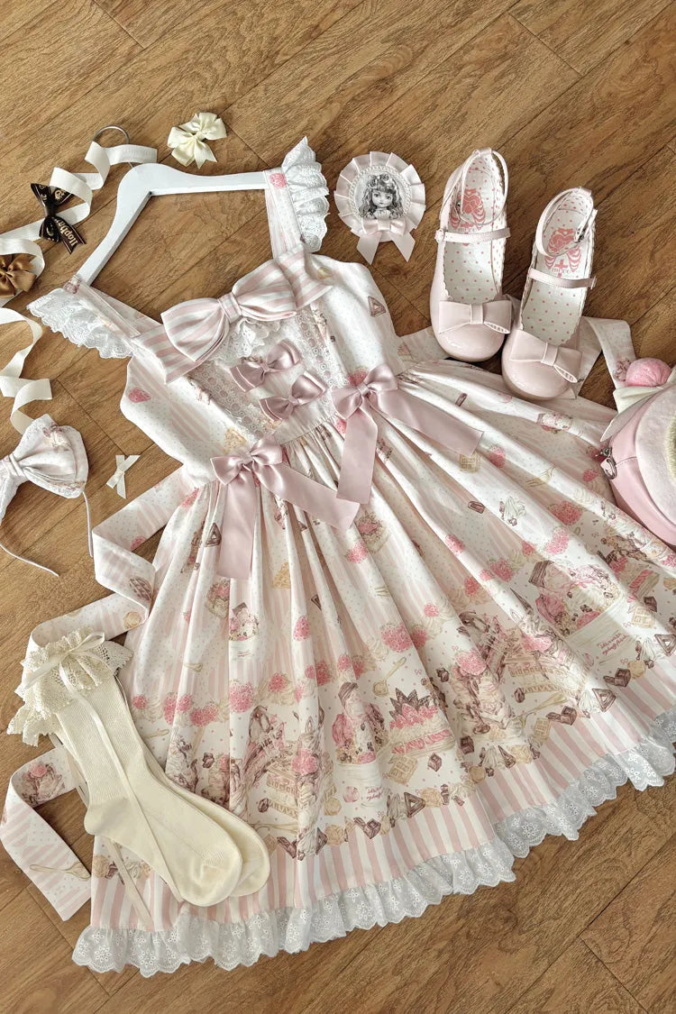 Pink [Strawberry Ice Cream Cheesecake] Square Collar Short Sleeves Printed Ruffled Bow Lace Casual Sweet Lolita Jsk Dress