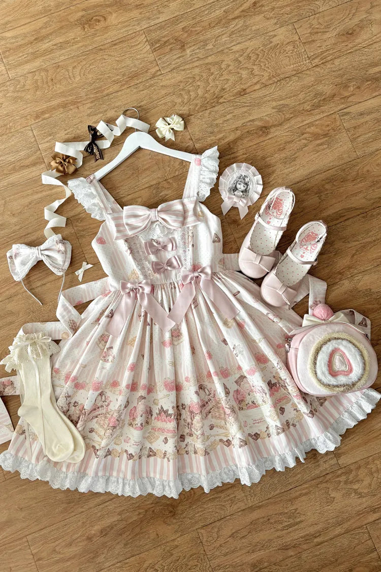 Pink [Strawberry Ice Cream Cheesecake] Square Collar Short Sleeves Printed Ruffled Bow Lace Casual Sweet Lolita Jsk Dress