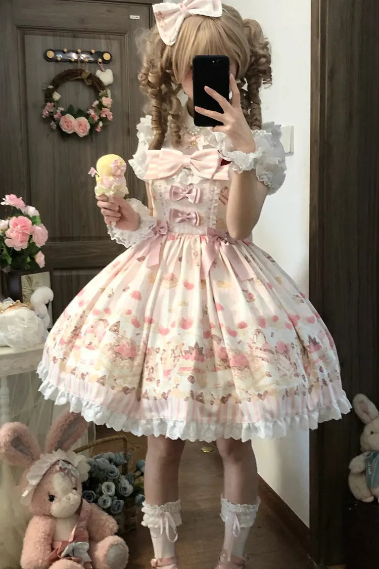 Pink [Strawberry Ice Cream Cheesecake] Square Collar Short Sleeves Printed Ruffled Bow Lace Casual Sweet Lolita Jsk Dress