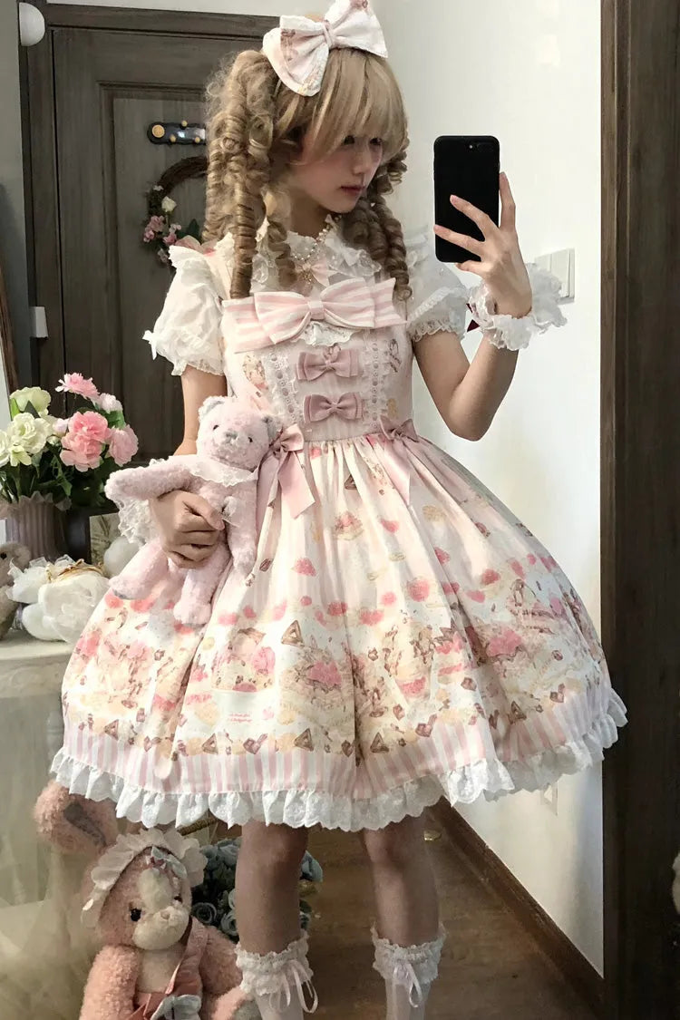 Pink [Strawberry Ice Cream Cheesecake] Square Collar Short Sleeves Printed Ruffled Bow Lace Casual Sweet Lolita Jsk Dress