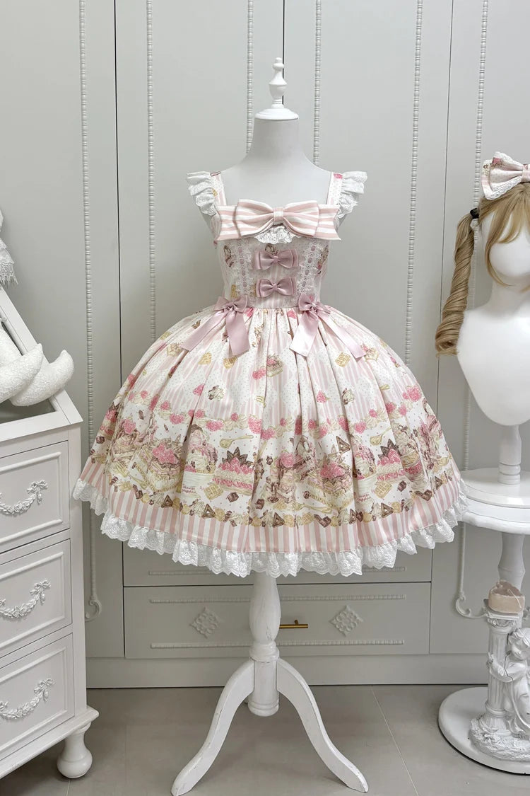 Pink [Strawberry Ice Cream Cheesecake] Square Collar Short Sleeves Printed Ruffled Bow Lace Casual Sweet Lolita Jsk Dress