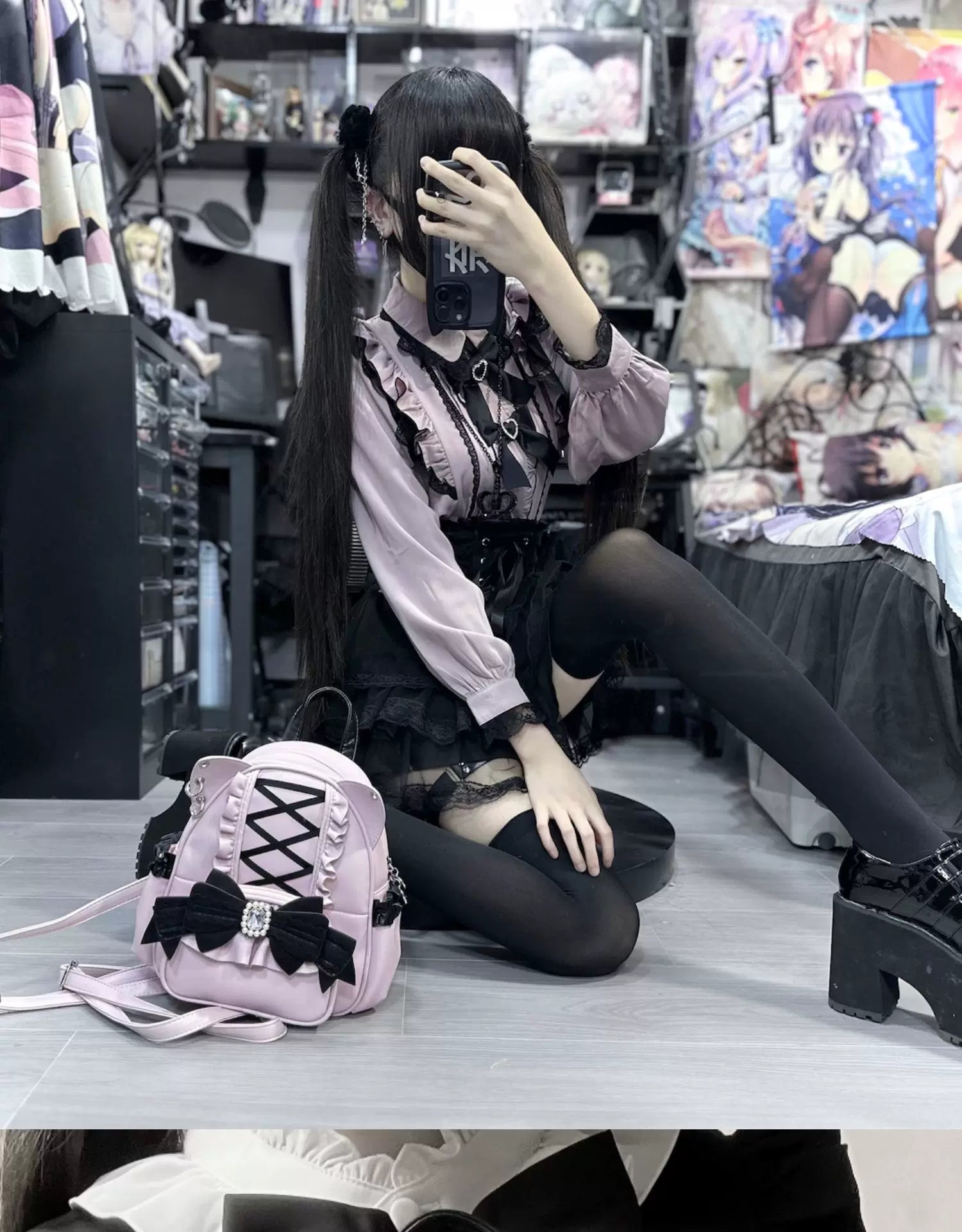 Please, Lord Meow Cat Ear Pearl Bow Lolita Gothic Crossbody Bag - LolitaEra