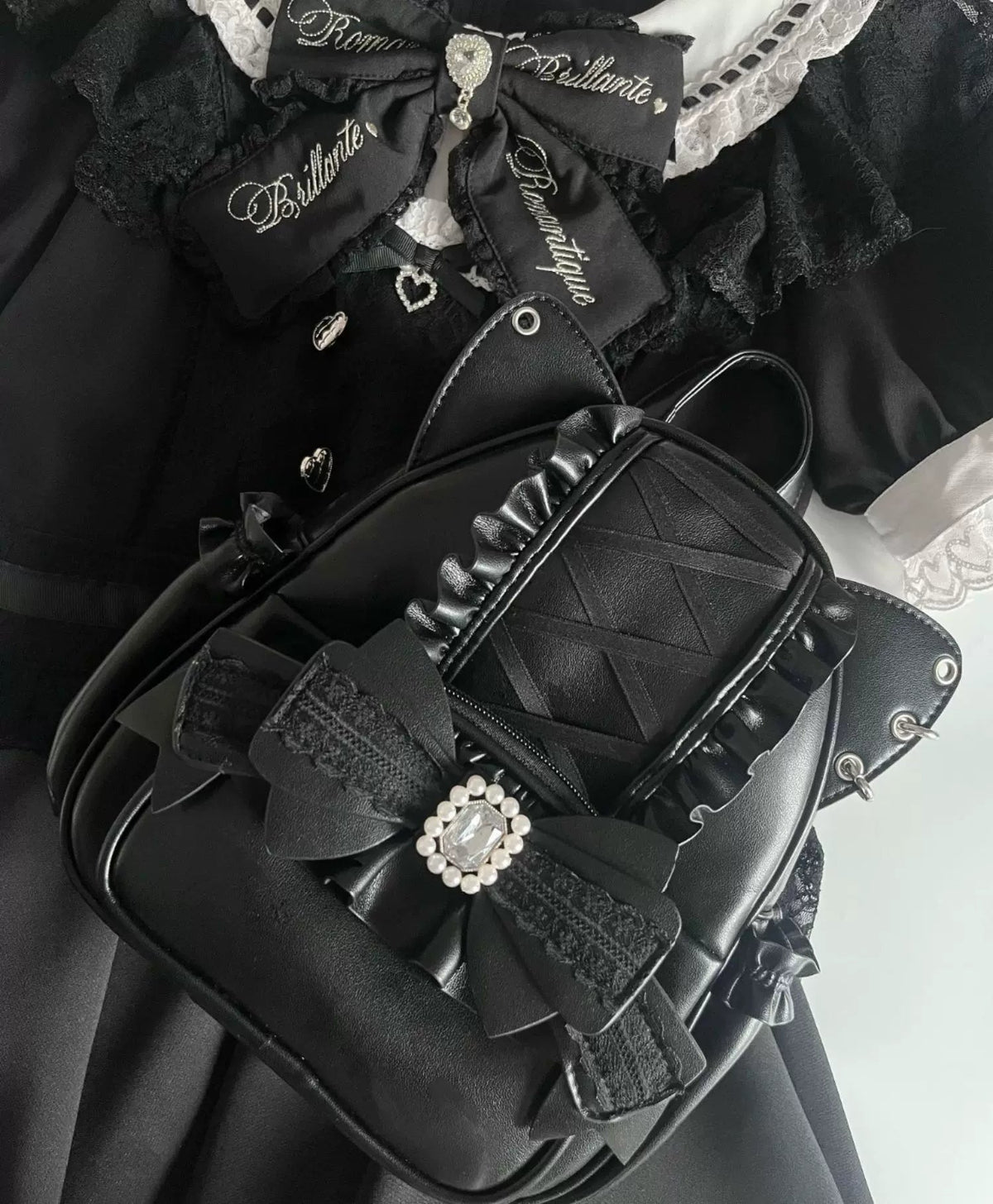 Please, Lord Meow Cat Ear Pearl Bow Lolita Gothic Crossbody Bag - LolitaEra