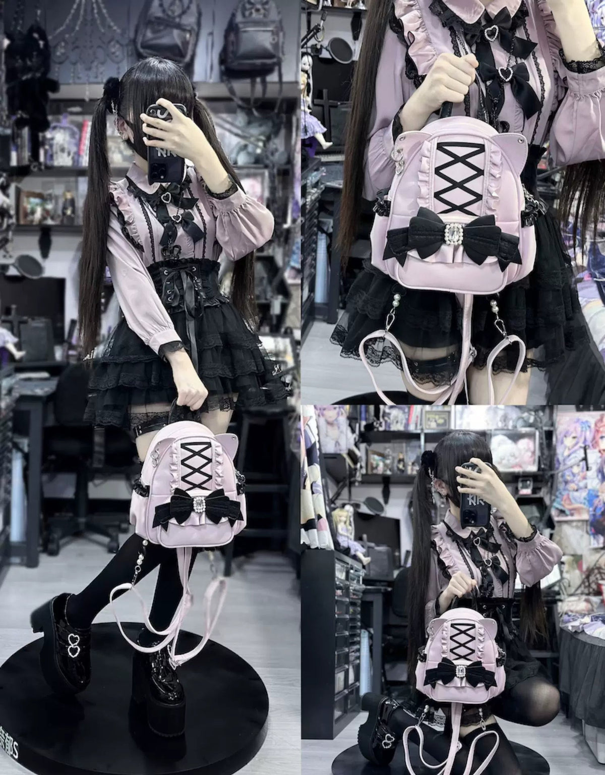 Please, Lord Meow Cat Ear Pearl Bow Lolita Gothic Crossbody Bag - LolitaEra