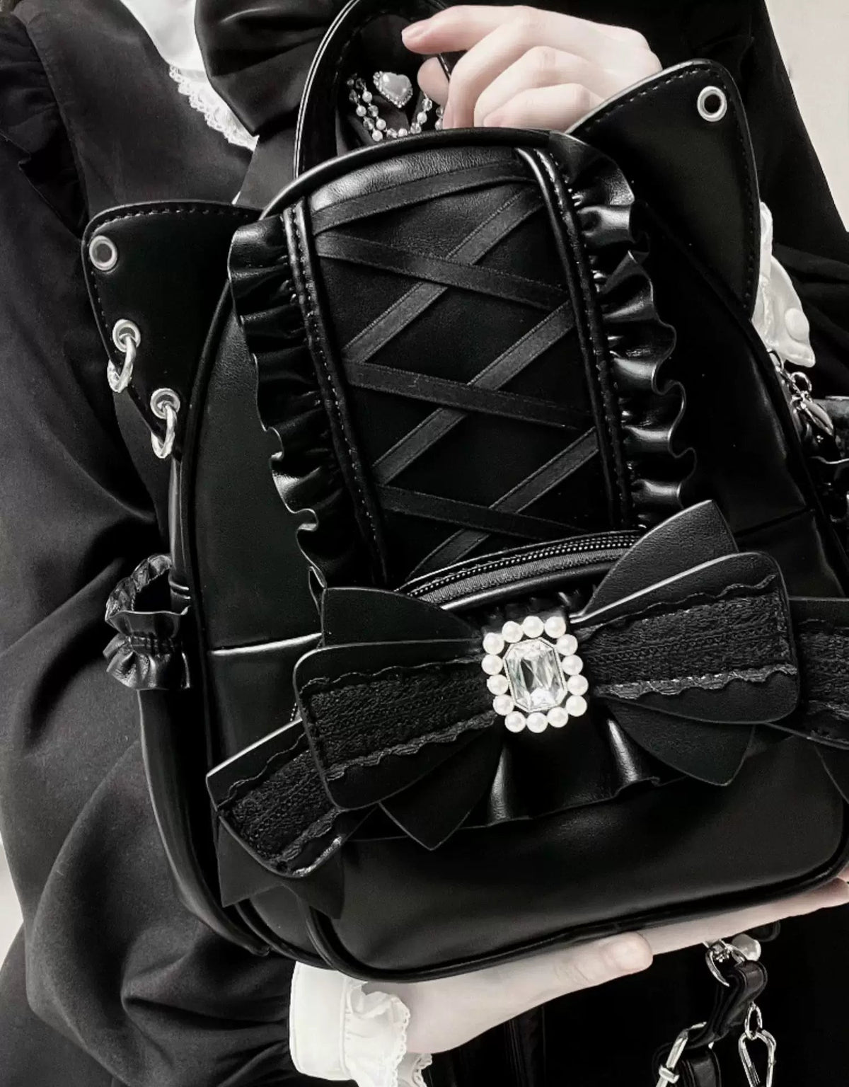 Please, Lord Meow Cat Ear Pearl Bow Lolita Gothic Crossbody Bag - LolitaEra
