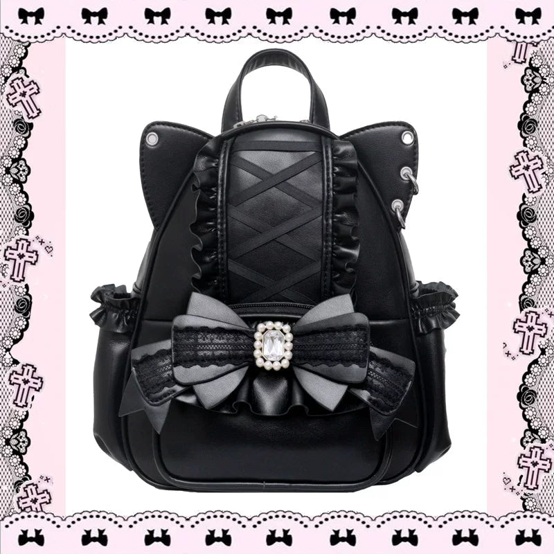Please, Lord Meow Cat Ear Pearl Bow Lolita Gothic Crossbody Bag - LolitaEra