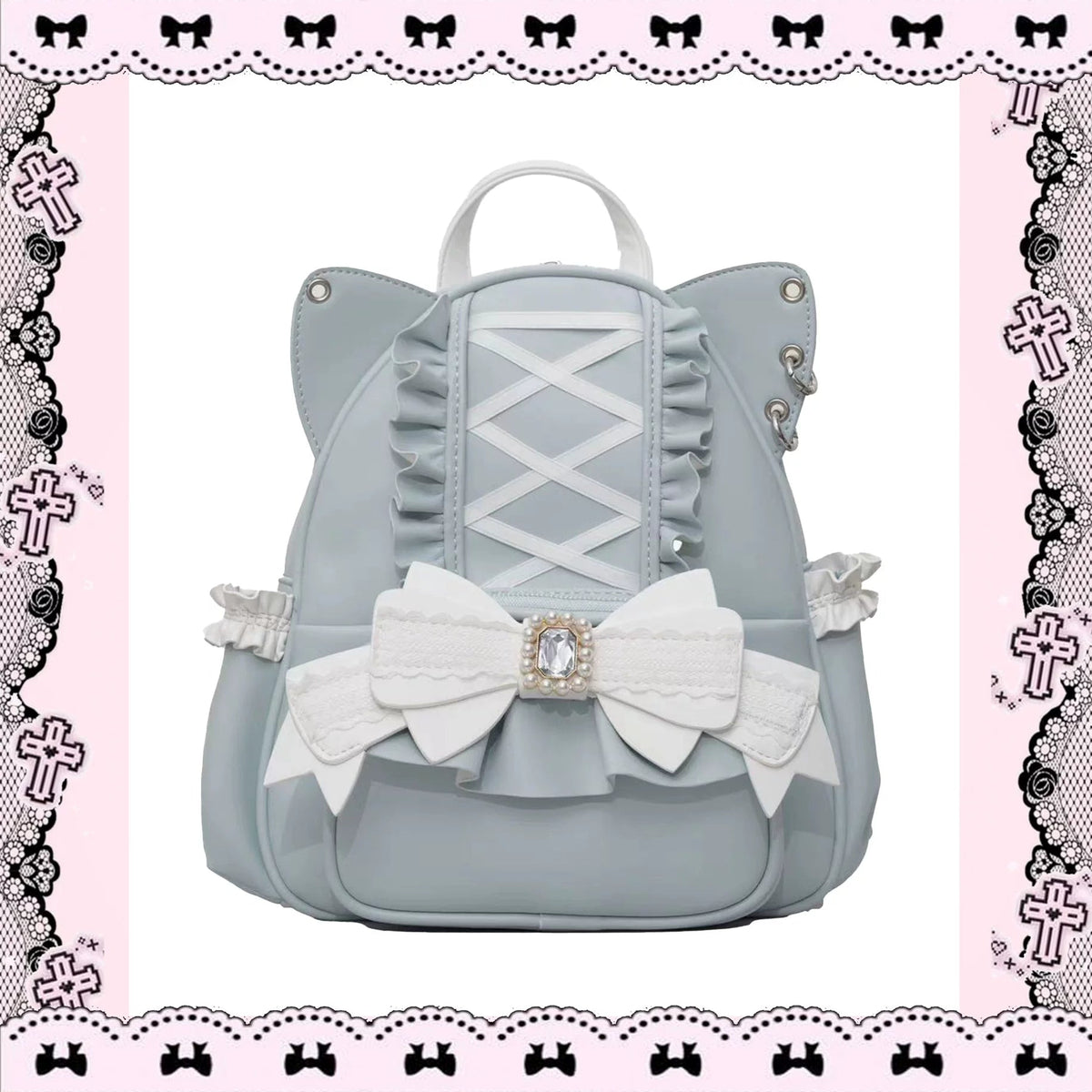 Please, Lord Meow Cat Ear Pearl Bow Lolita Gothic Crossbody Bag - LolitaEra