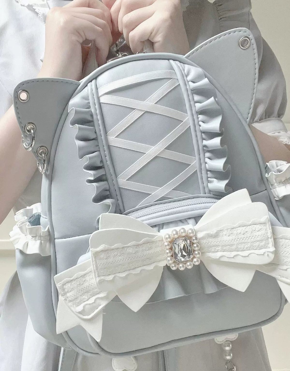 Please, Lord Meow Cat Ear Pearl Bow Lolita Gothic Crossbody Bag - LolitaEra