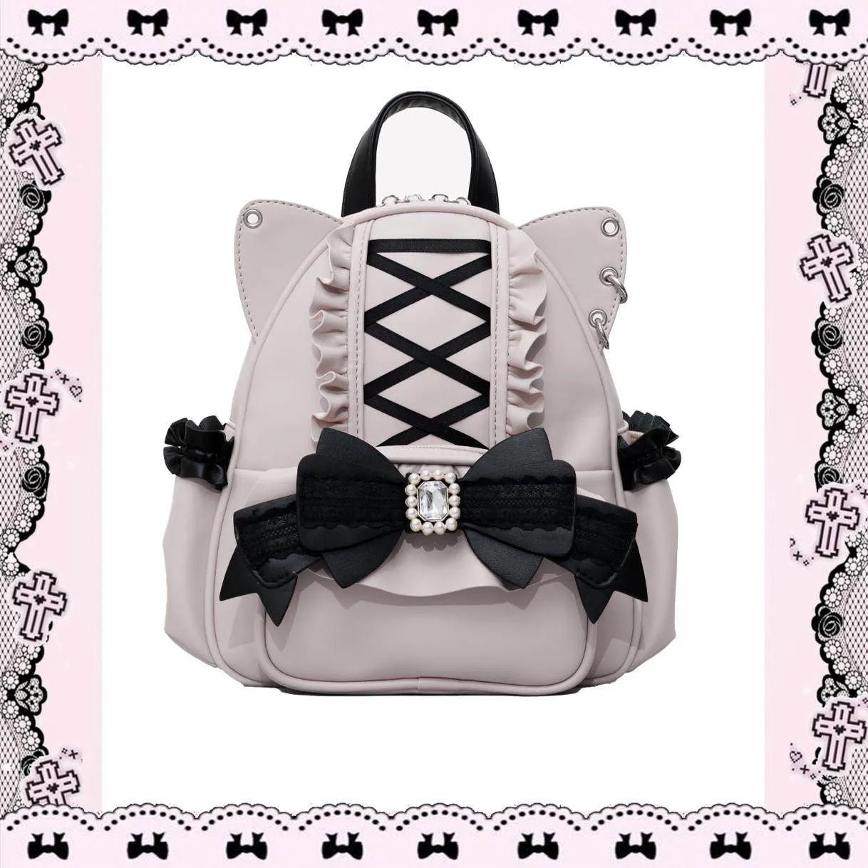 Please, Lord Meow Cat Ear Pearl Bow Lolita Gothic Crossbody Bag - LolitaEra
