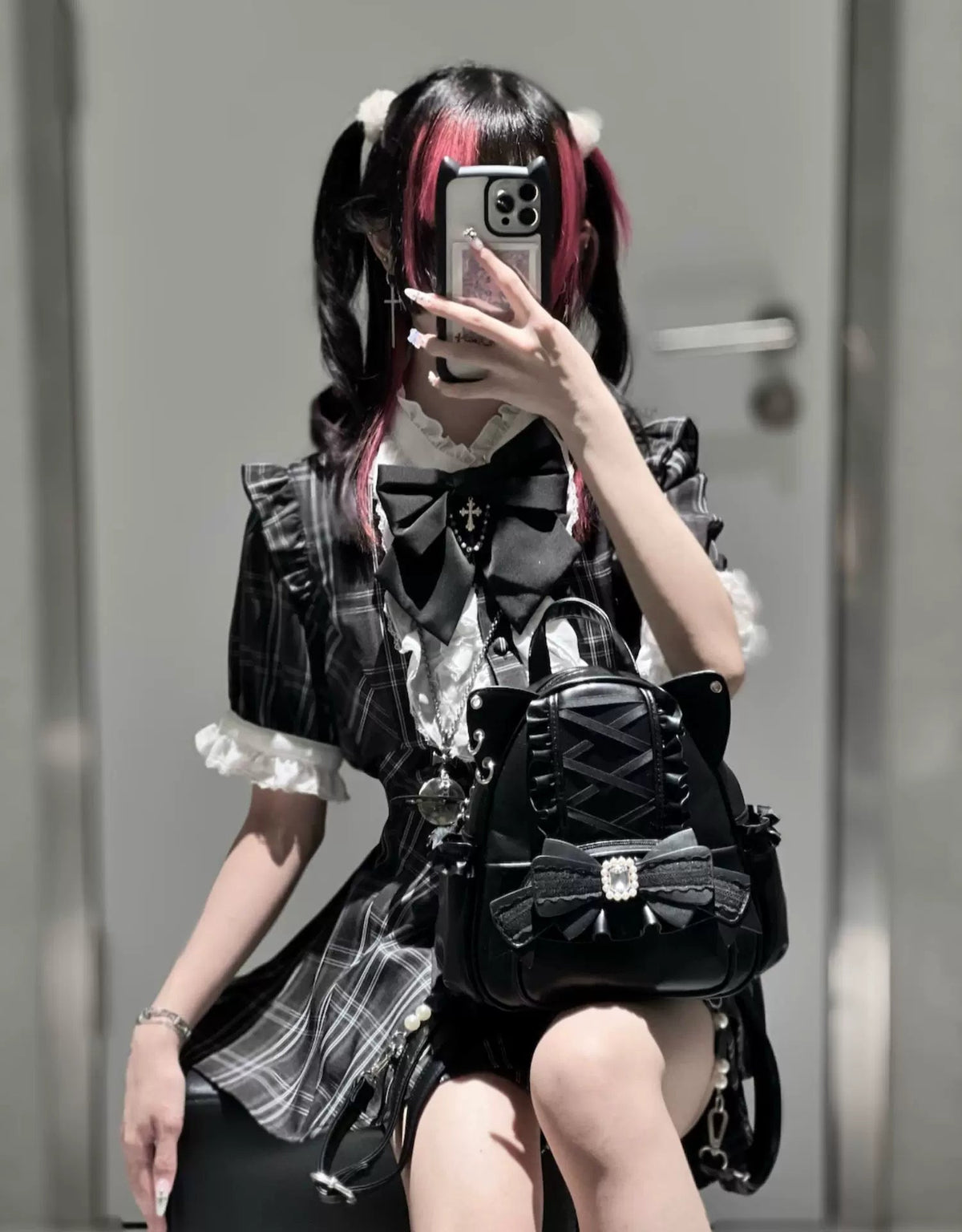 Please, Lord Meow Cat Ear Pearl Bow Lolita Gothic Crossbody Bag - LolitaEra
