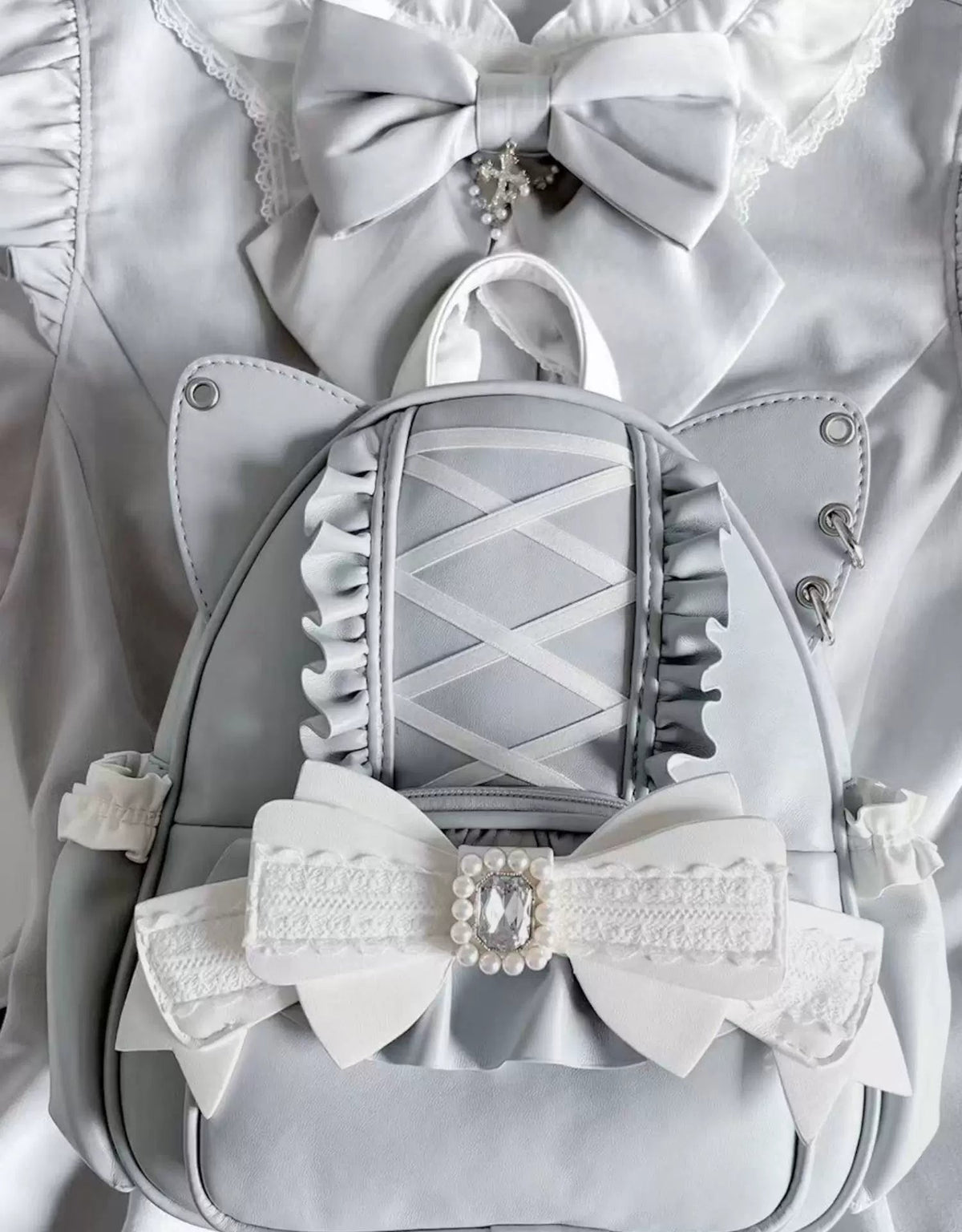 Please, Lord Meow Cat Ear Pearl Bow Lolita Gothic Crossbody Bag - LolitaEra