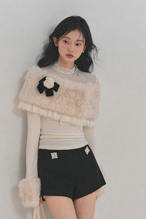 Plush Mesh Lace Winter Shawl Top LE1159 - LolitaEraWhiteSPlush Mesh Lace Winter Shawl Top LE1159