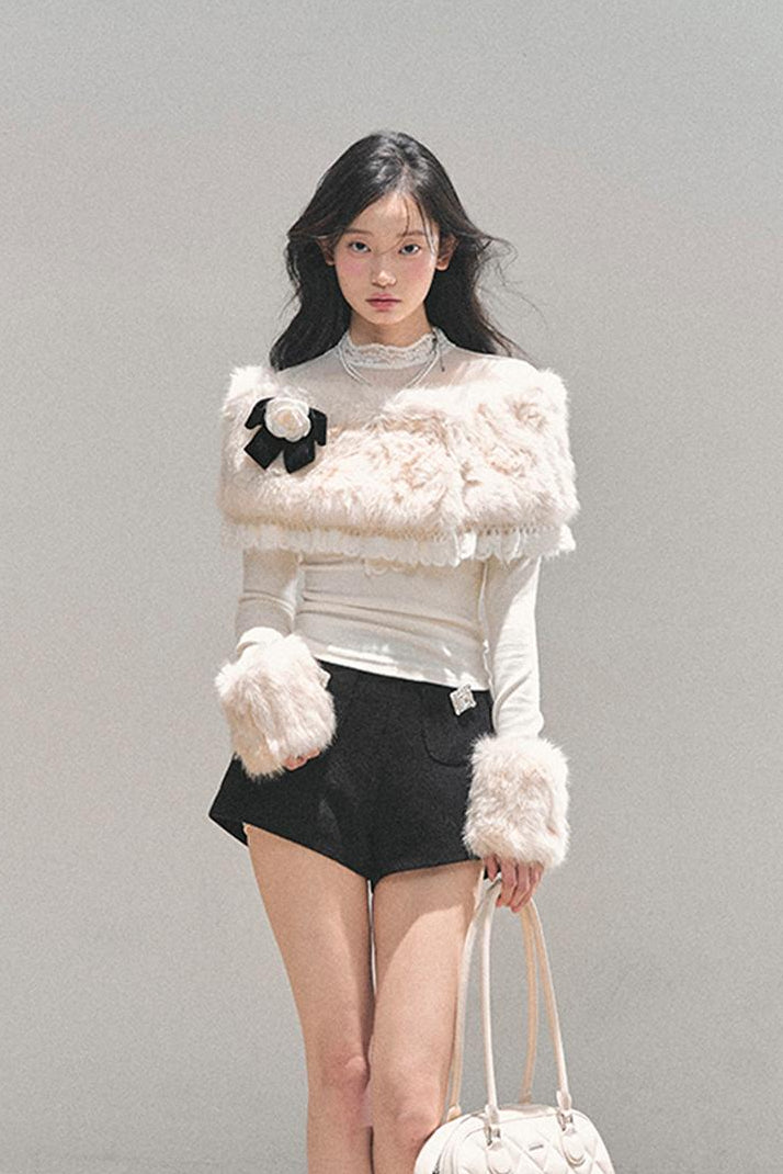 Plush Mesh Lace Winter Shawl Top LE1159 - LolitaEraWhiteSPlush Mesh Lace Winter Shawl Top LE1159