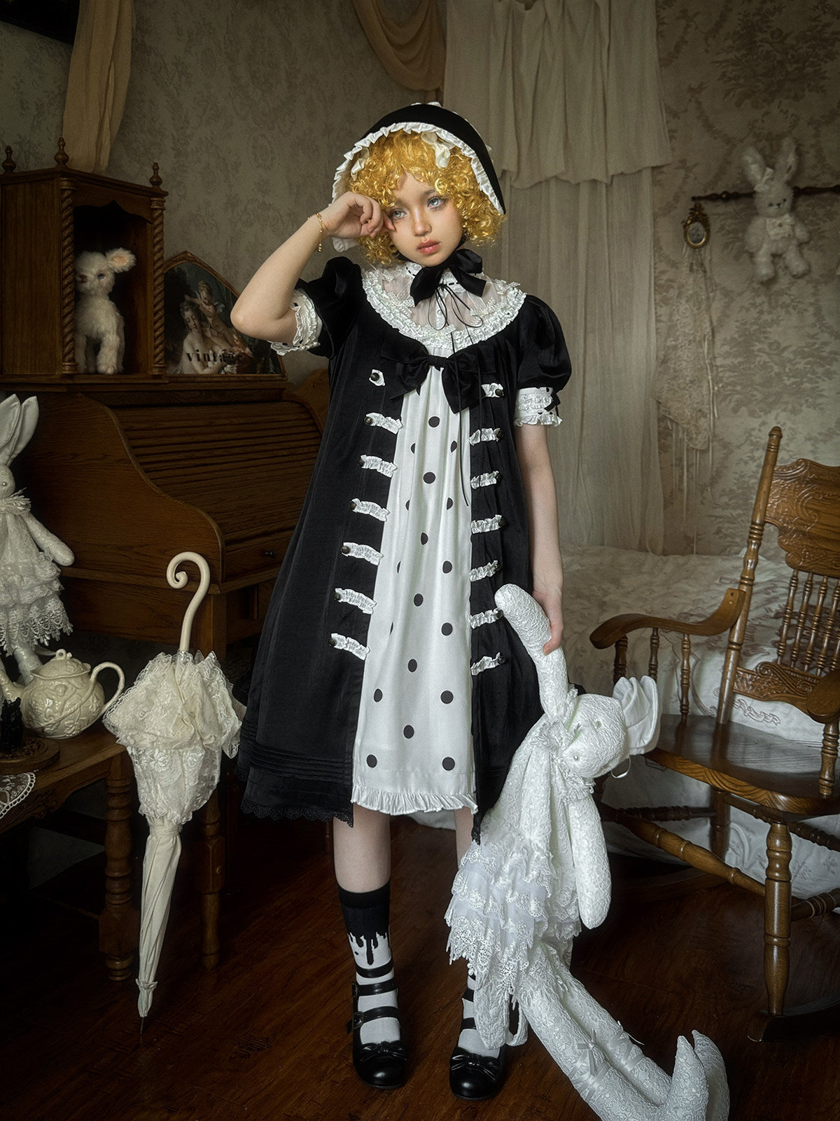 Polka Melody Lolita Vintage Long Short-Sleeve Dress - LolitaEra