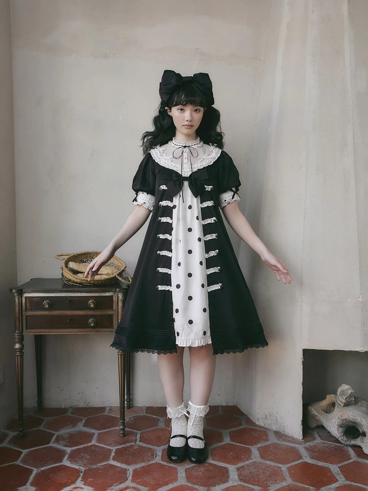 Polka Melody Lolita Vintage Long Short-Sleeve Dress - LolitaEra