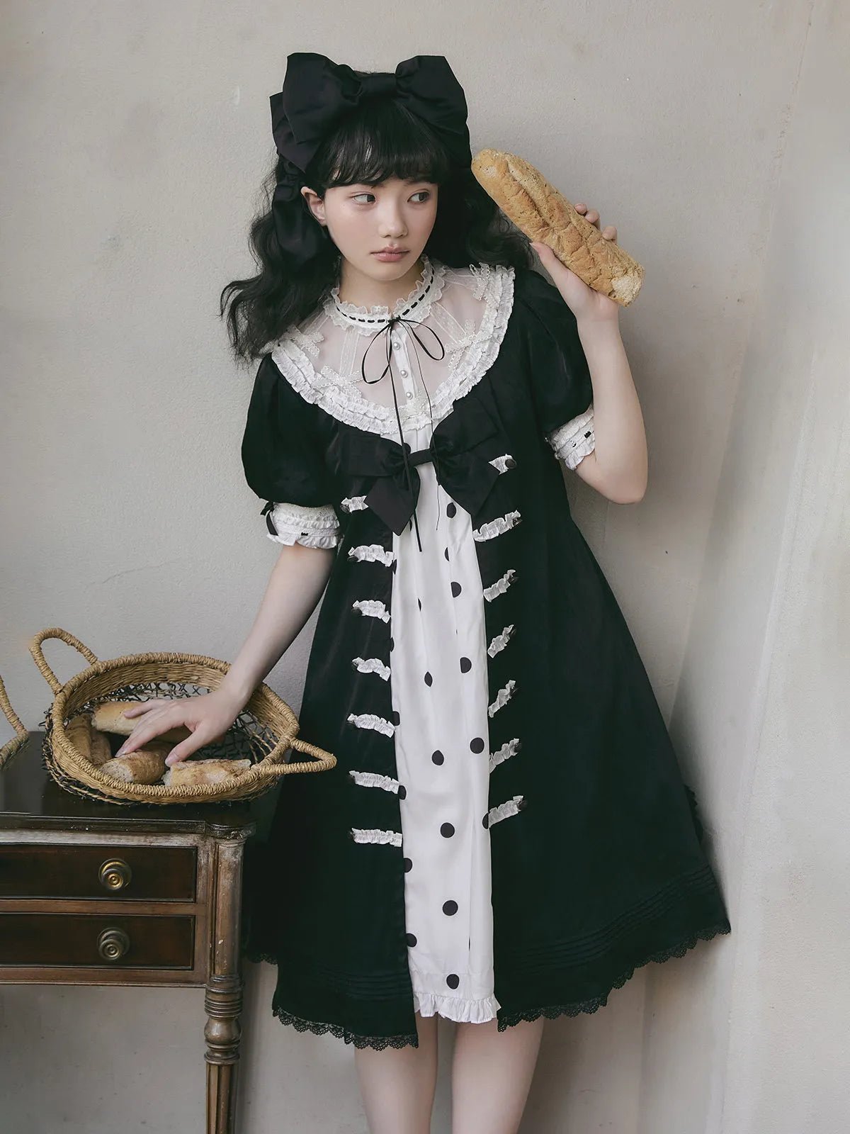 Polka Melody Lolita Vintage Long Short-Sleeve Dress - LolitaEra