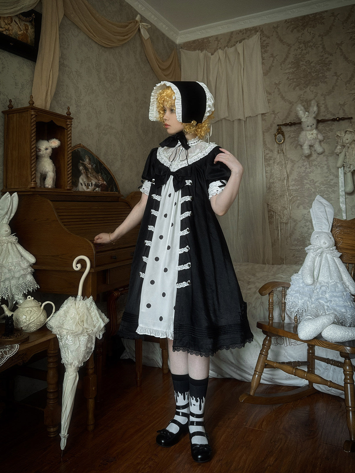 Polka Melody Lolita Vintage Long Short-Sleeve Dress - LolitaEra
