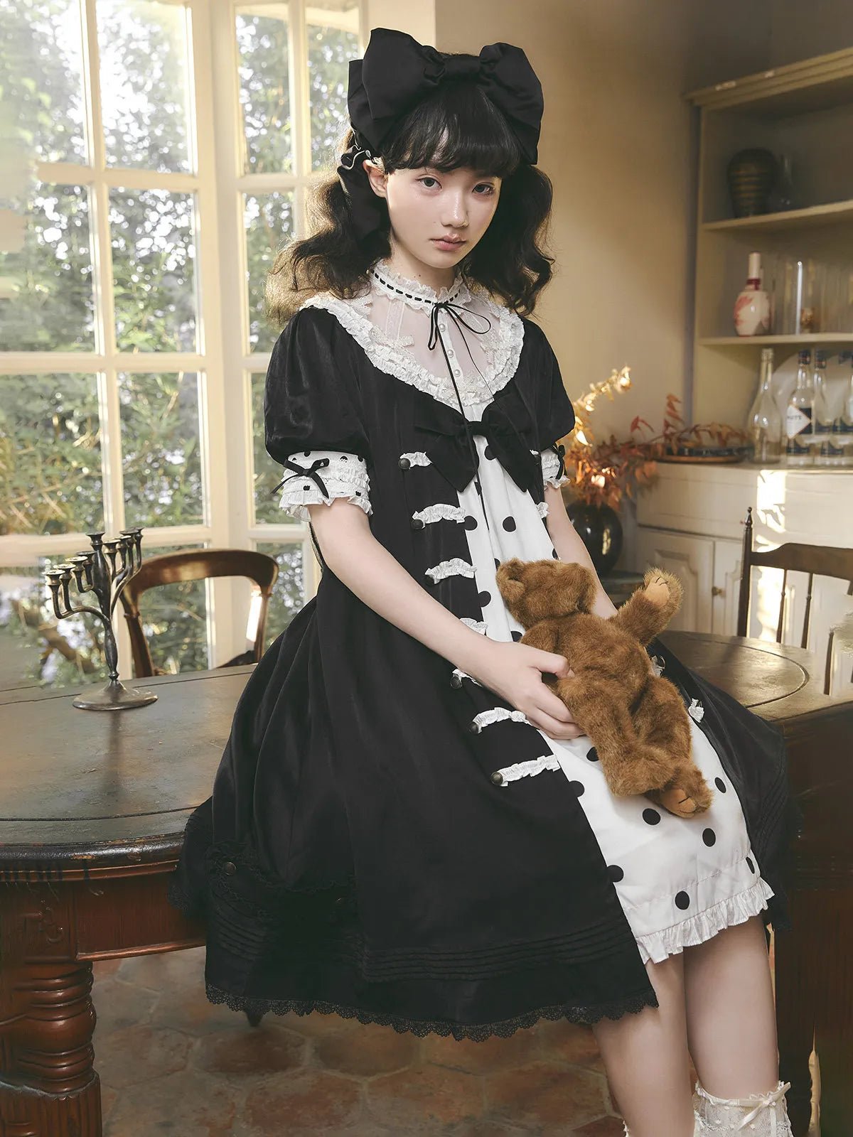 Polka Melody Lolita Vintage Long Short-Sleeve Dress - LolitaEra