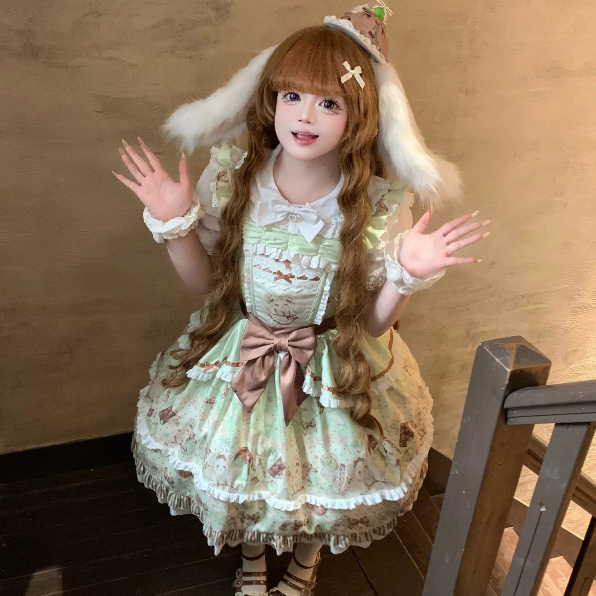 Popoco Mint Green Bunny Print Bubble Sweet Lolita JSK Dress - LolitaEra