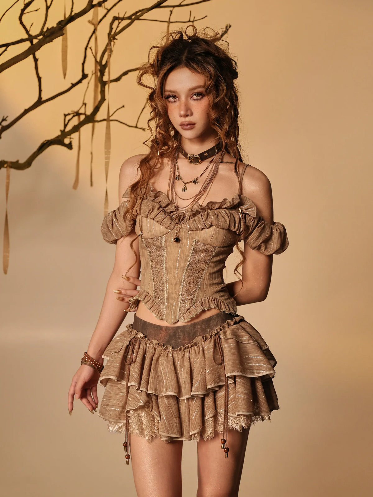 Void Track Original Ember Post-Apocalyptic Wasteland Style Spicy Girl Retro Romantic Lace Waist-Cinched Off-Shoulder Camisole Top