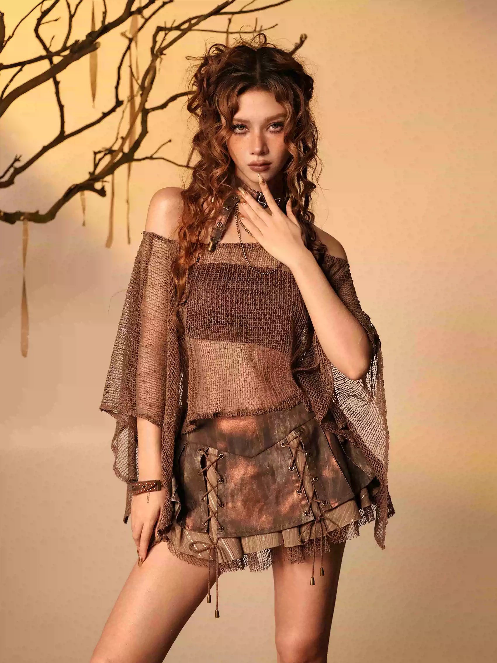 Post-Apocalyptic Wasteland Style Butterfly Choker Mesh See-Through Multi-Wear Shrug Blouse