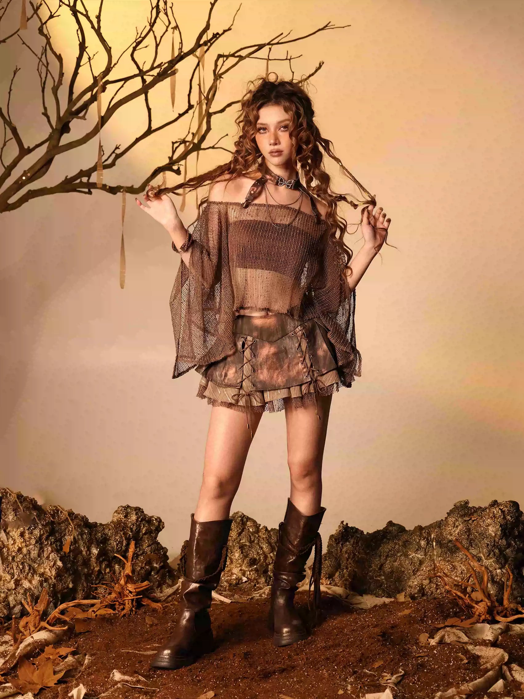 Post-Apocalyptic Wasteland Style Butterfly Choker Mesh See-Through Multi-Wear Shrug Blouse