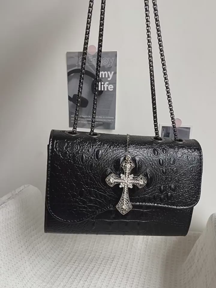 Genuine black one-shoulder bag, shoulder bag, crocodile print, high-end