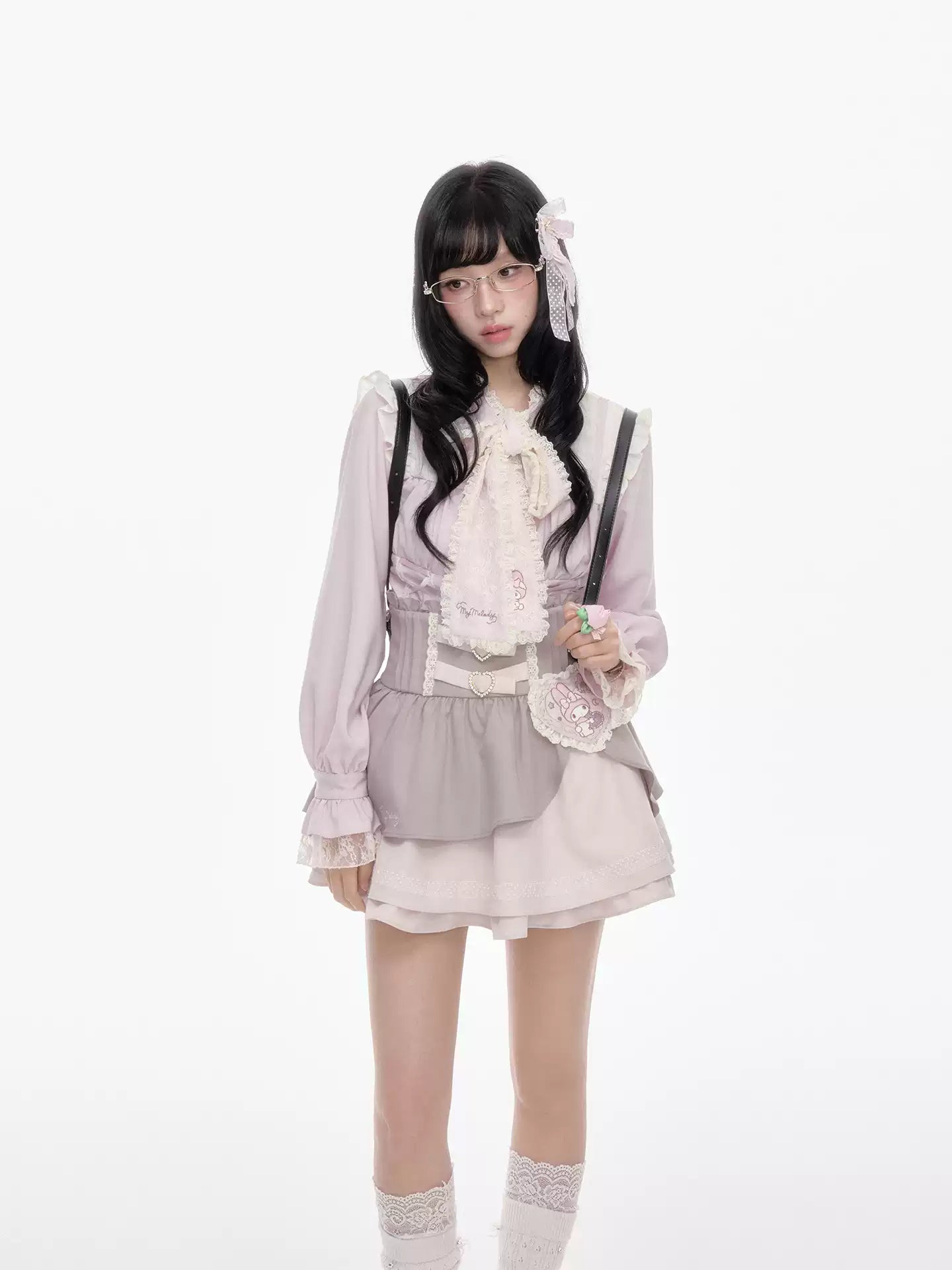 Princess Style Maiden Magazine Lace Patchwork Long Sleeve Shirt Skirt Pants Set