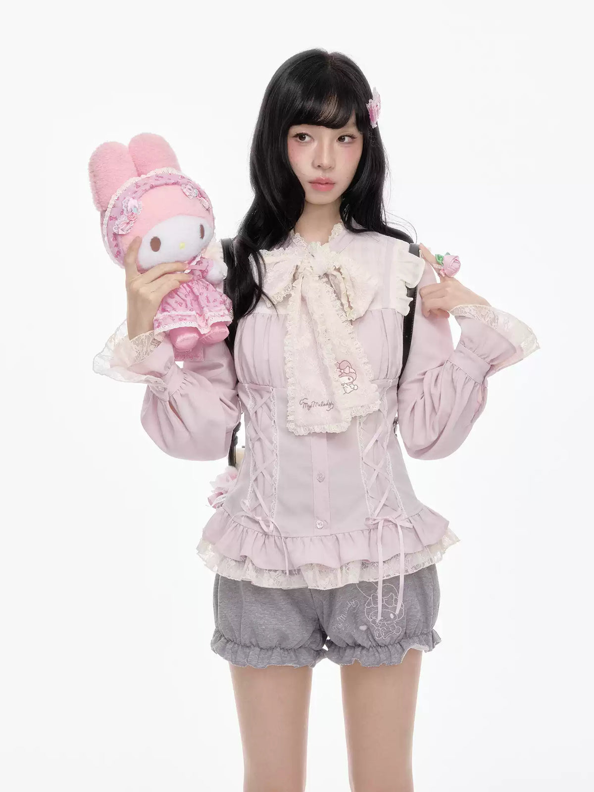 Princess Style Maiden Magazine Lace Patchwork Long Sleeve Shirt Skirt Pants Set