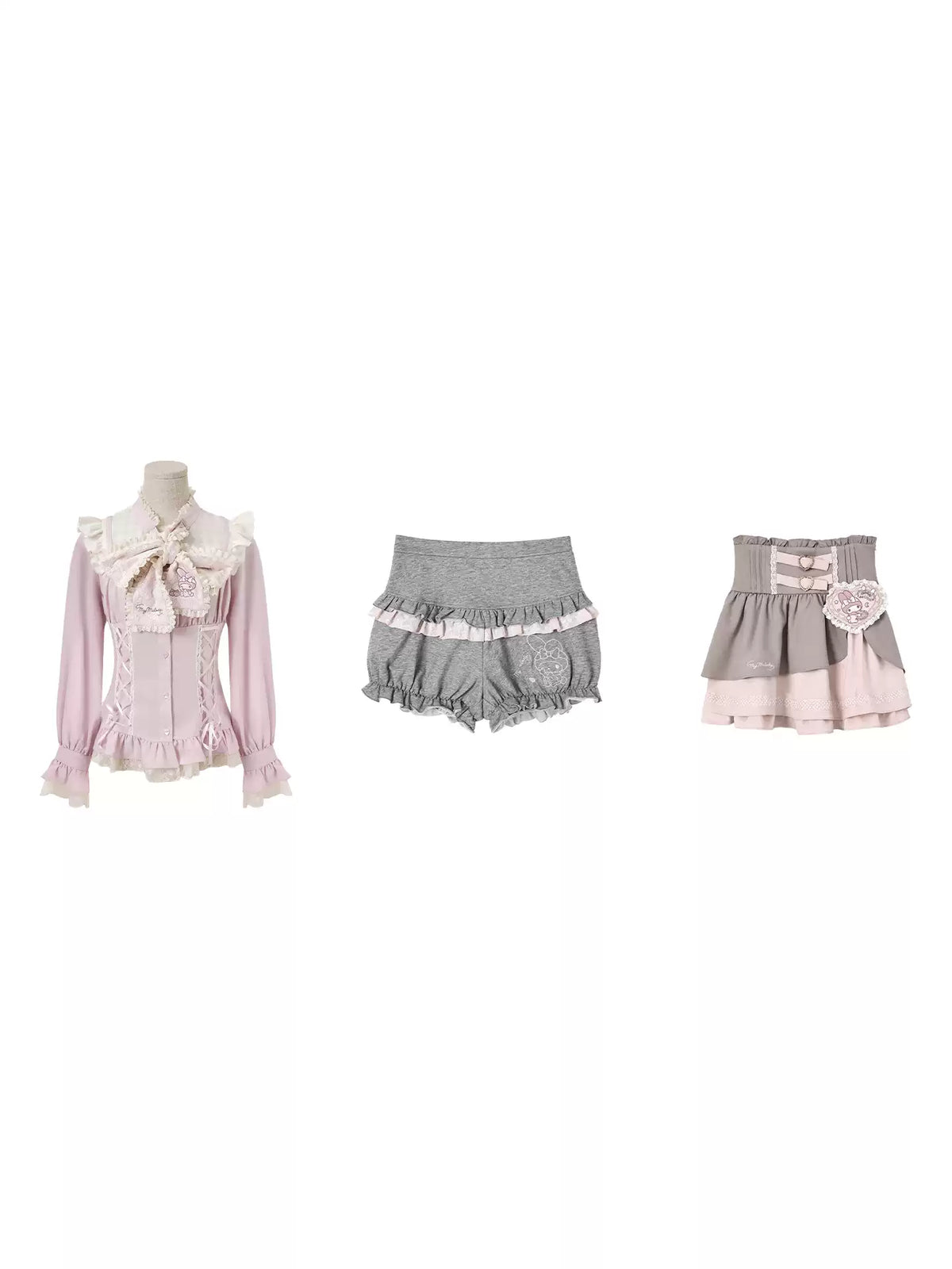 Princess Style Maiden Magazine Lace Patchwork Long Sleeve Shirt Skirt Pants Set