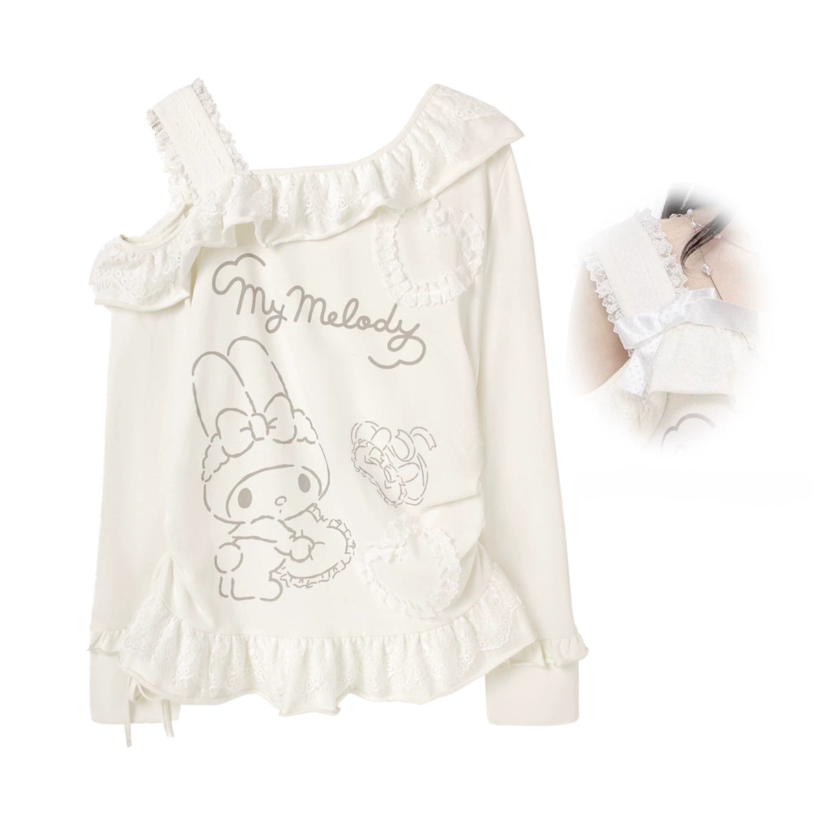 My Melody Off Shoulder Ruffle Top Gray Bloomer Shorts Set