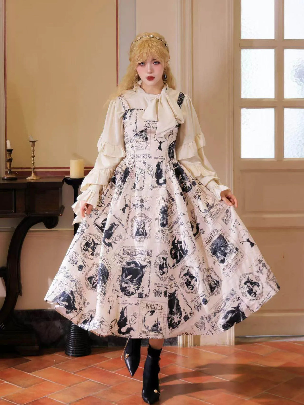 Printed Spaghetti Strap Dress Mid-Length Dress Vintage Elegant Vest Dress Witch Bounty Miss W's Bookshelf
