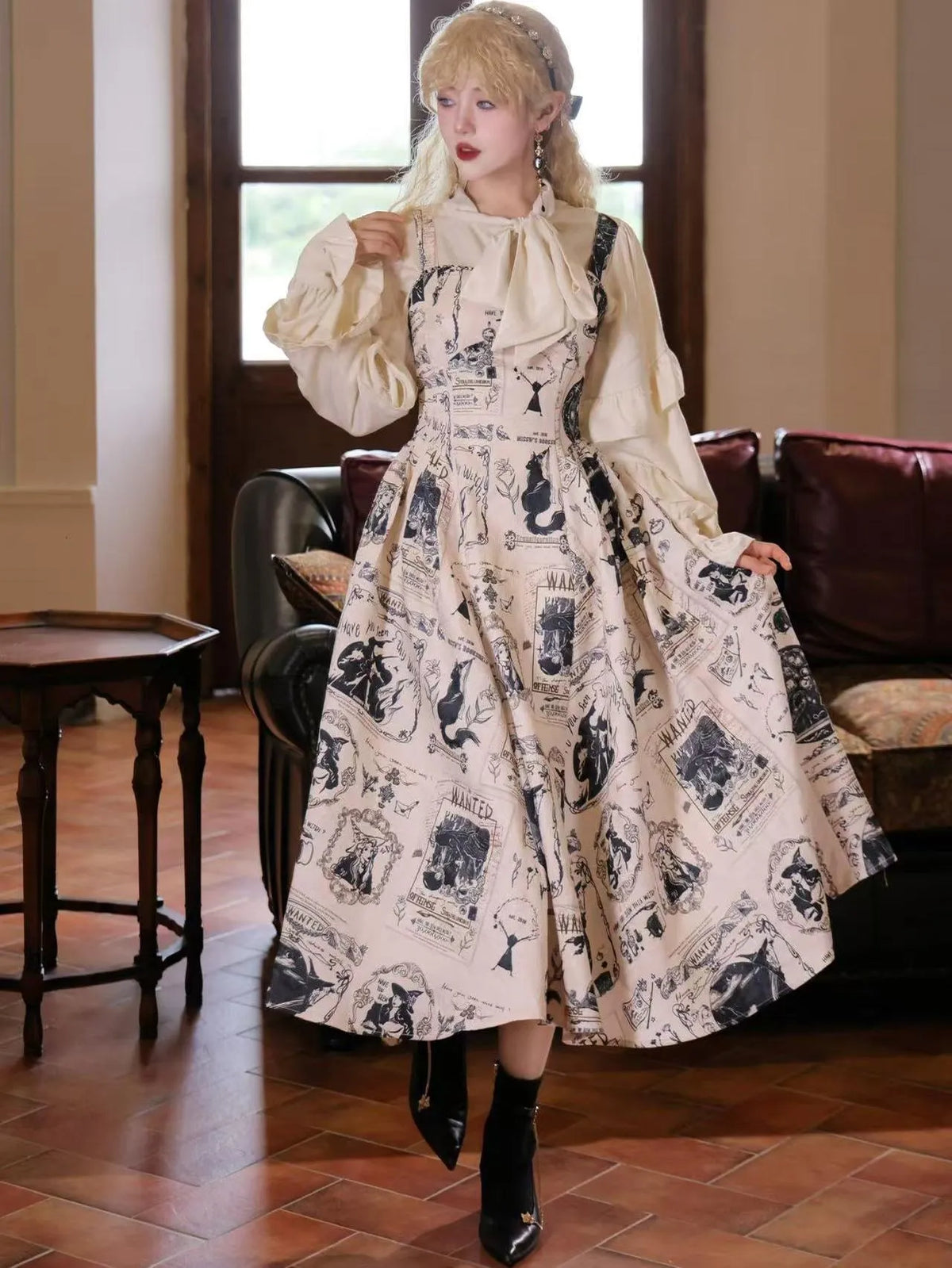 Printed Spaghetti Strap Dress Mid-Length Dress Vintage Elegant Vest Dress Witch Bounty Miss W's Bookshelf