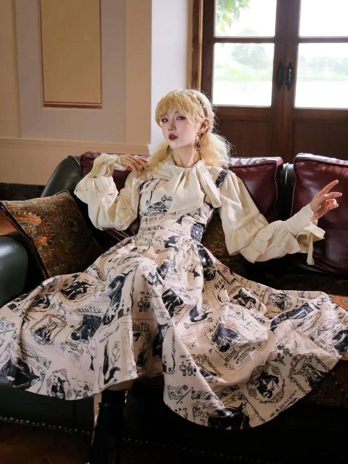 Printed Spaghetti Strap Dress Mid-Length Dress Vintage Elegant Vest Dress Witch Bounty Miss W's Bookshelf
