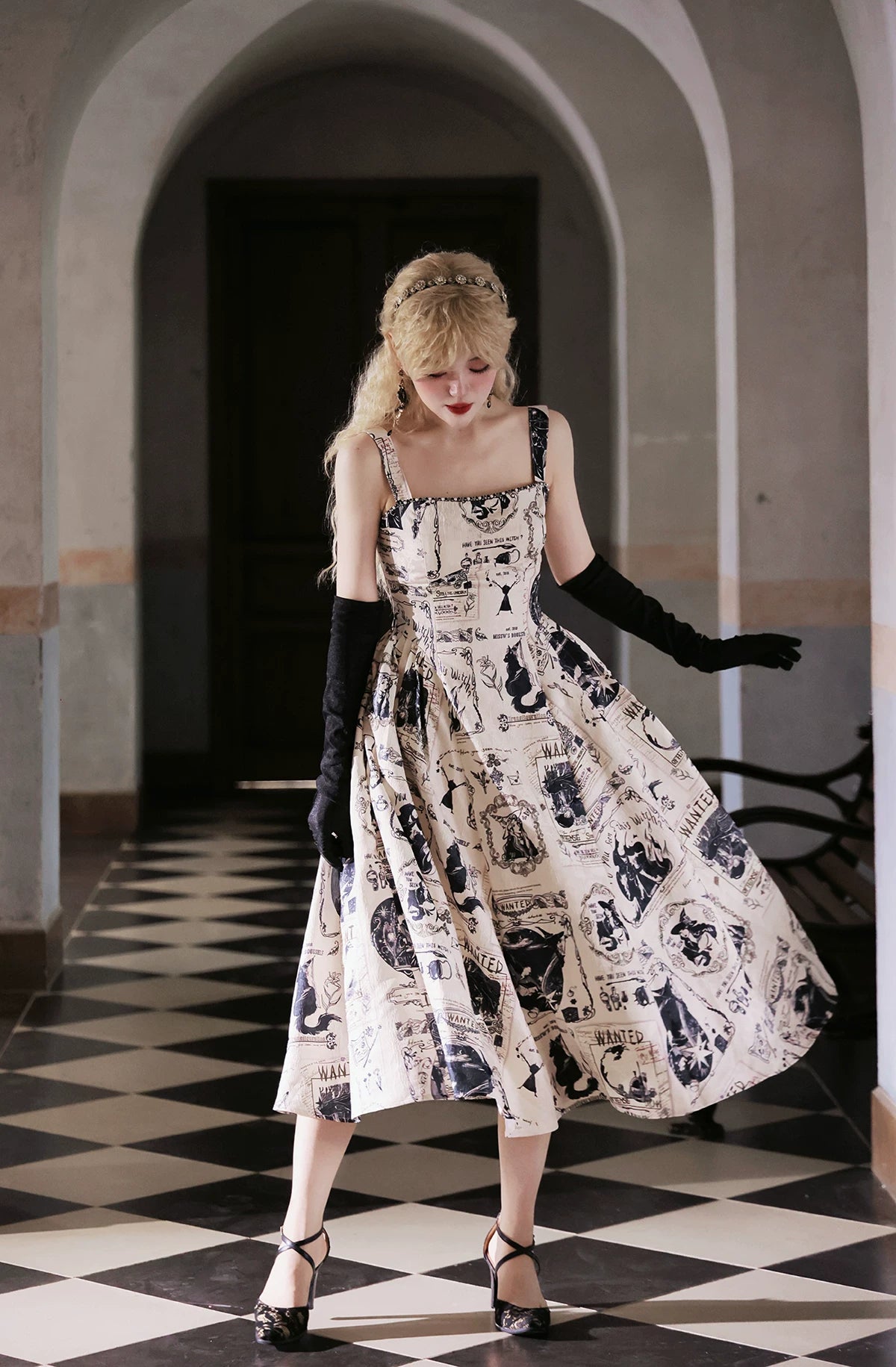 Printed Spaghetti Strap Dress Mid-Length Dress Vintage Elegant Vest Dress Witch Bounty Miss W's Bookshelf