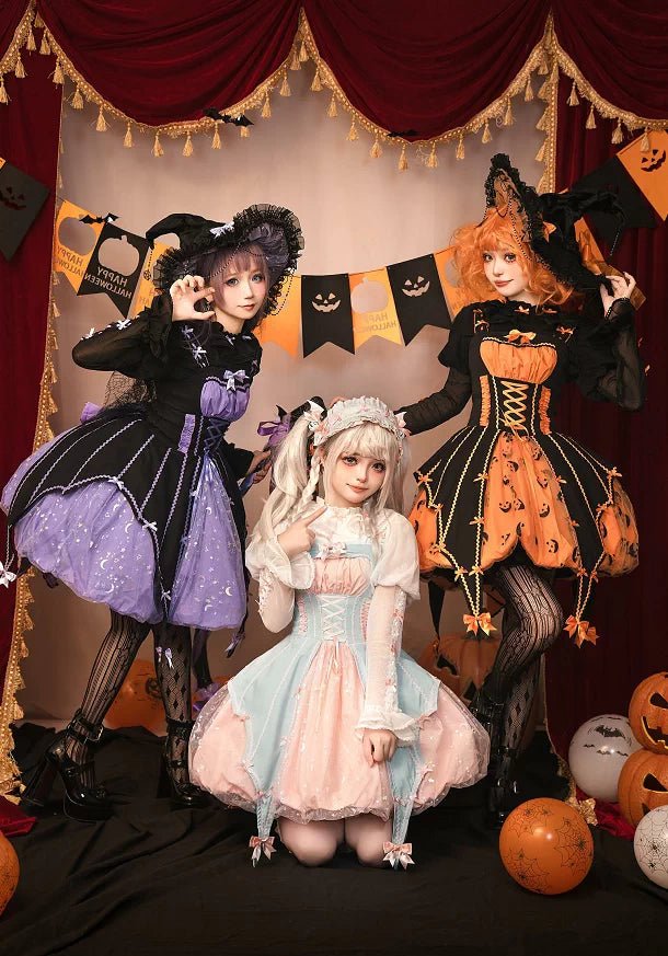 Pumpkin Lantern Halloween Witch Dark‑Sweet Lolita JSK Dress Set - LolitaEra