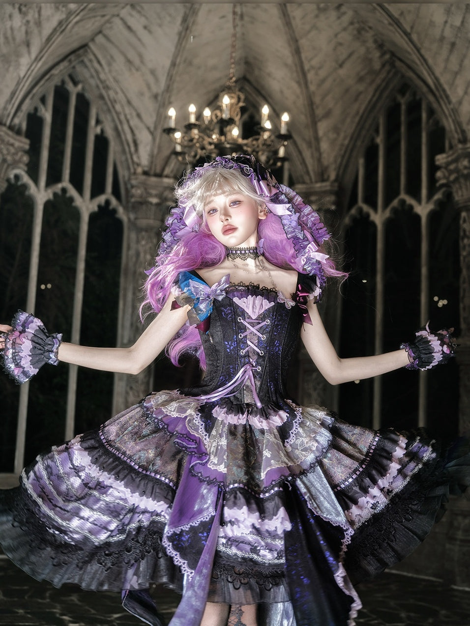 Purple Butterfly on Moonlight Night Gothic Lolita Corset Dress Set - LolitaEra