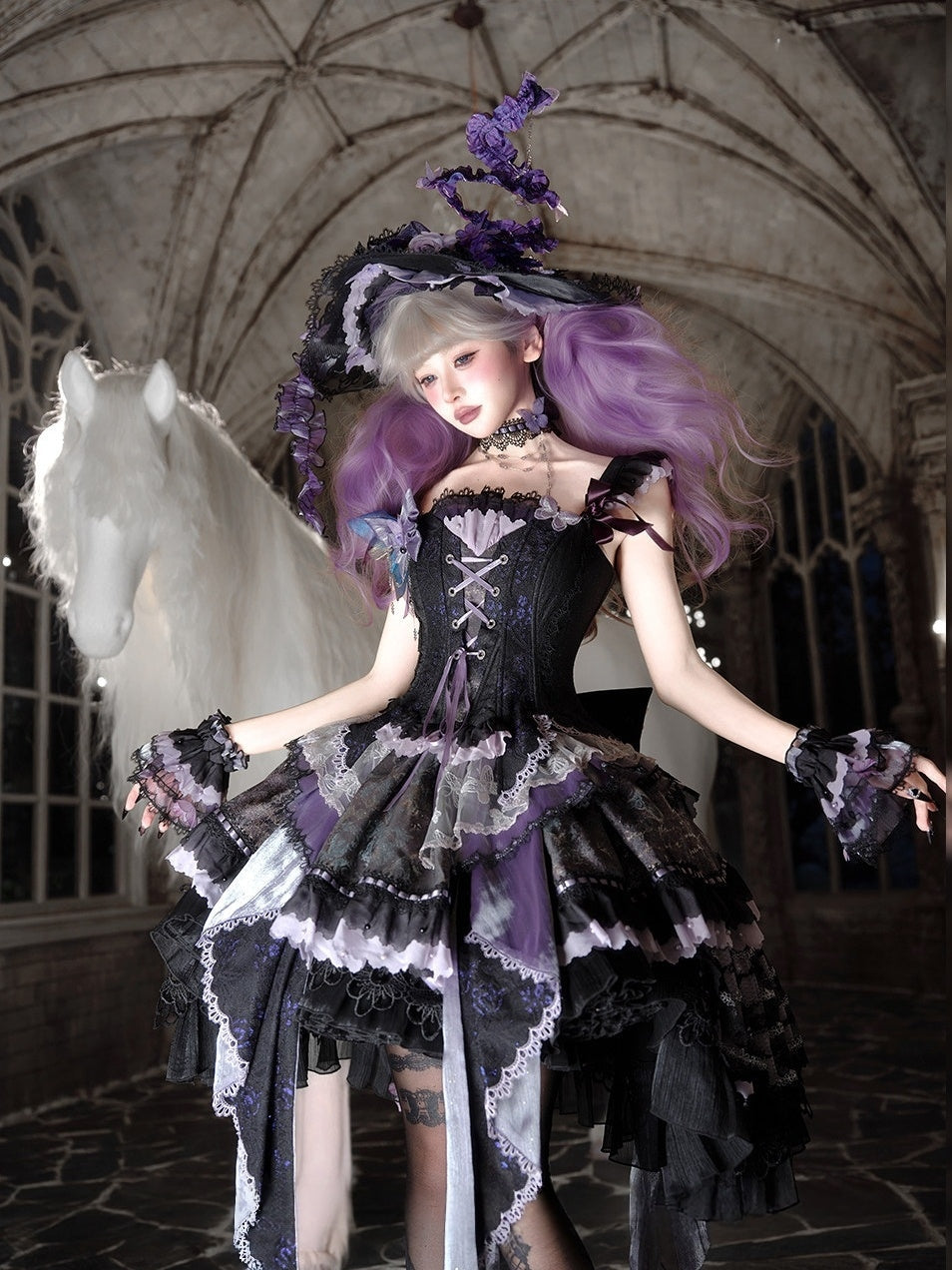 Purple Butterfly on Moonlight Night Gothic Lolita Corset Dress Set - LolitaEra