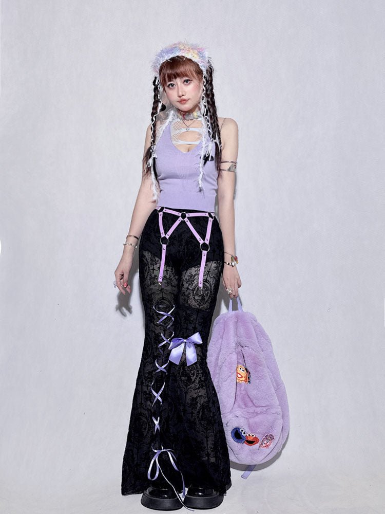 Purple Lace Sheer Hollow High Waist Flare Pants - LolitaEraBlack PantsSPurple Lace Sheer Hollow High Waist Flare Pants