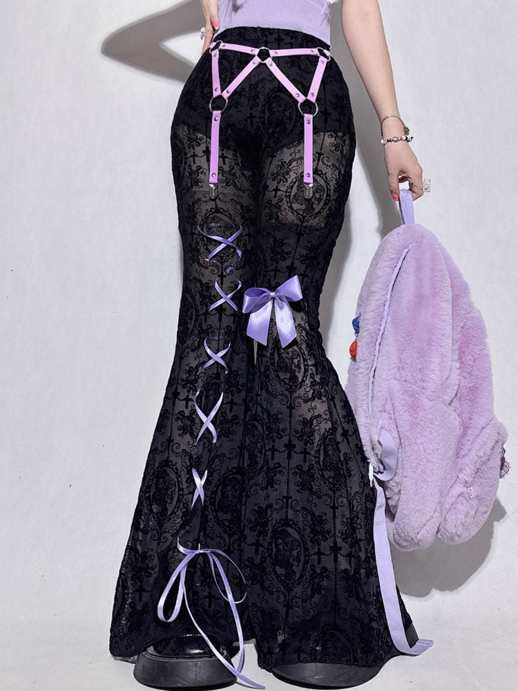 Purple Lace Sheer Hollow High Waist Flare Pants - LolitaEraBlack PantsSPurple Lace Sheer Hollow High Waist Flare Pants