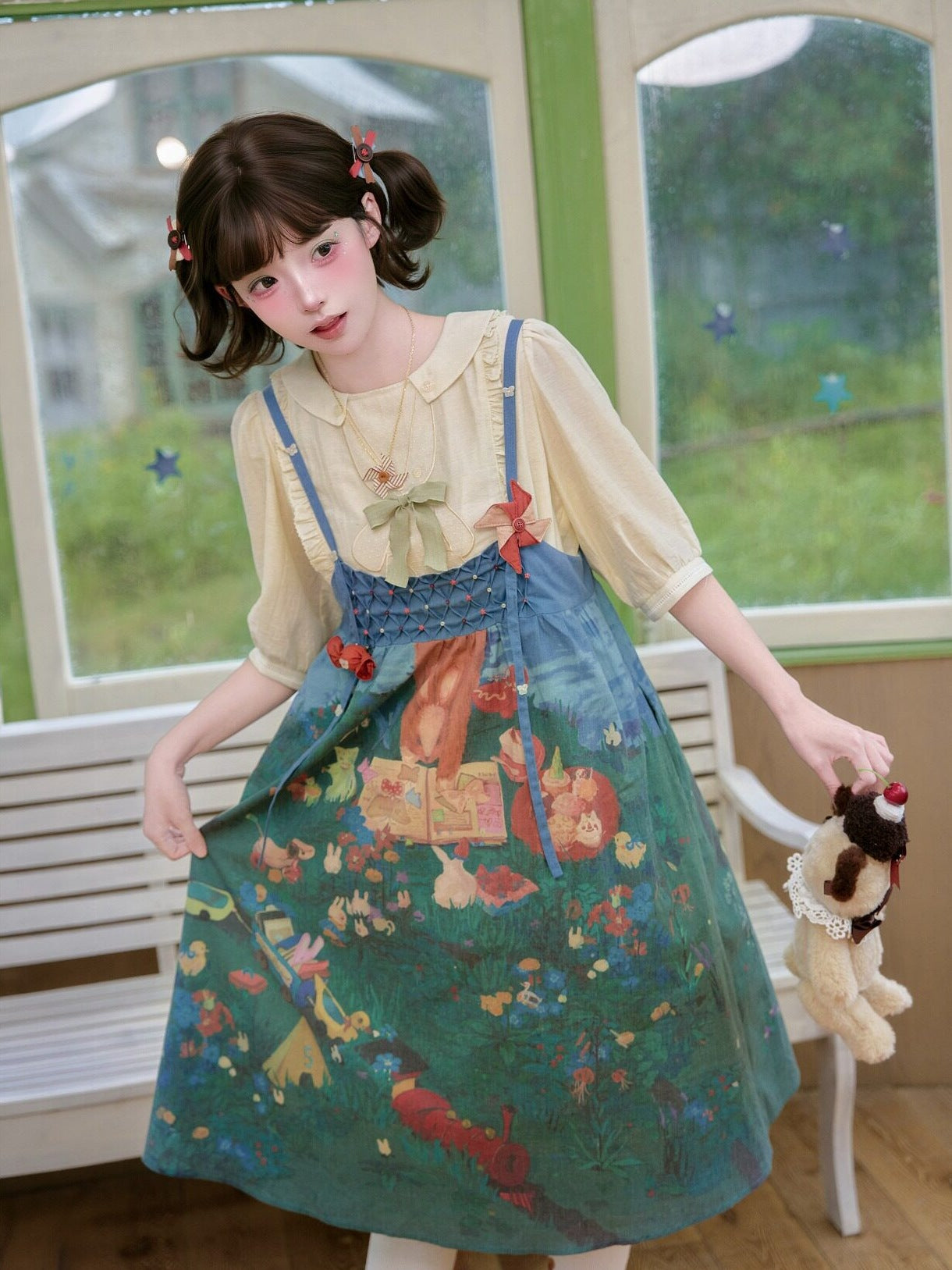 Picnic Lolita Print Vest Blouse, SK & JSK Daily Wear Outfit Set