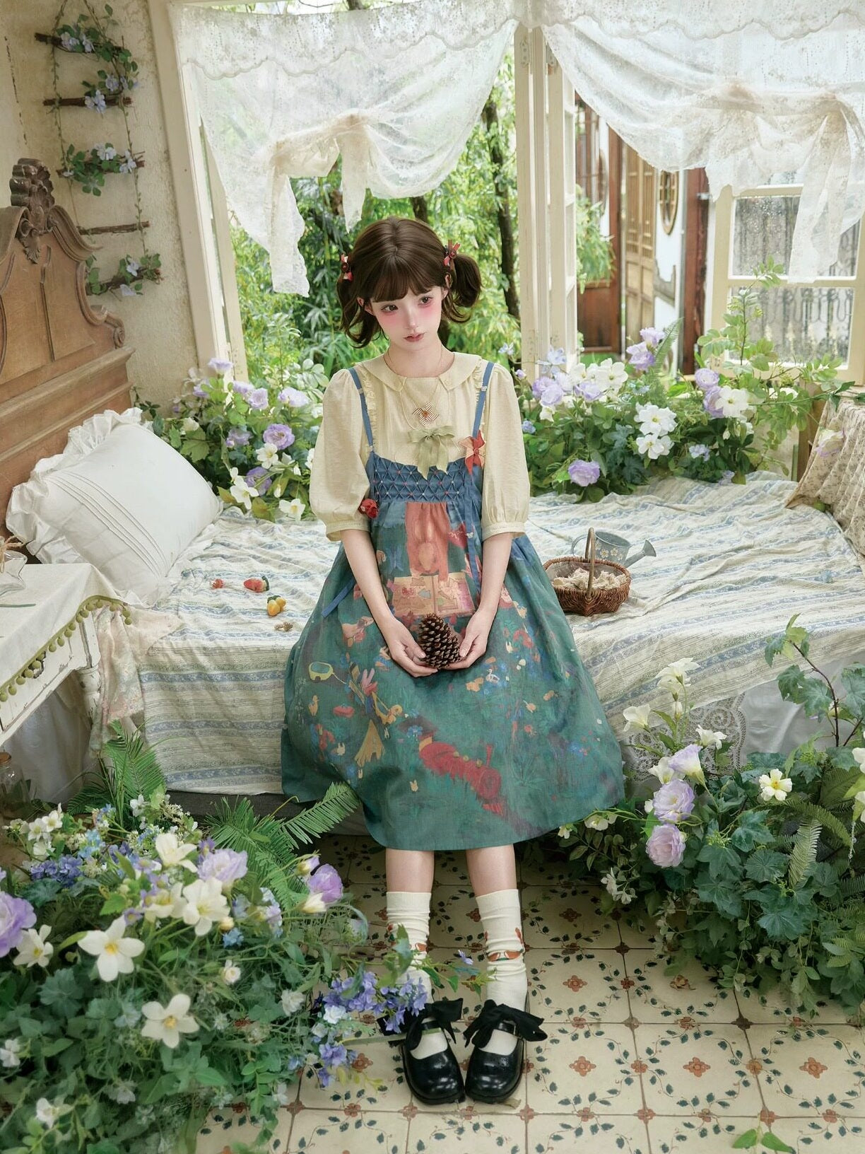 Picnic Lolita Print Vest Blouse, SK & JSK Daily Wear Outfit Set