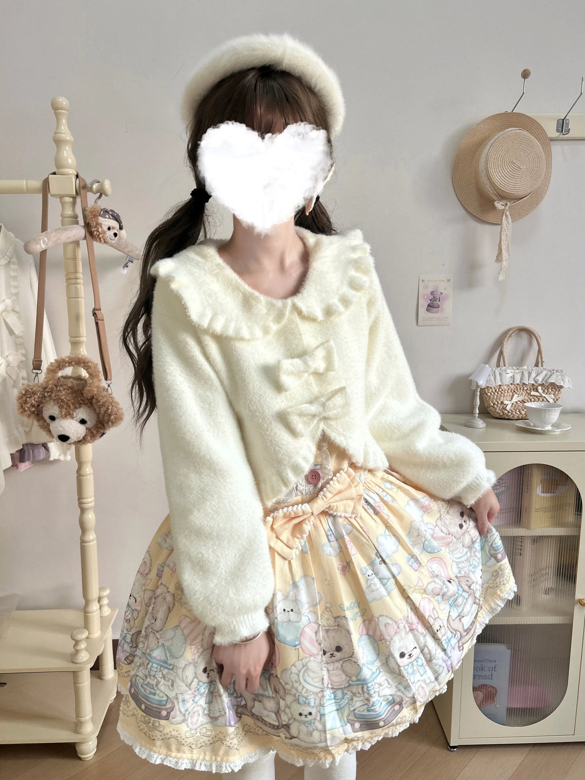 Rabbit Ear Coat, Faux Mink Velvet, Lolita Style, Autumn and Winter Warm Short Versatile Cute Bow Plush Soft Girl Cardigan