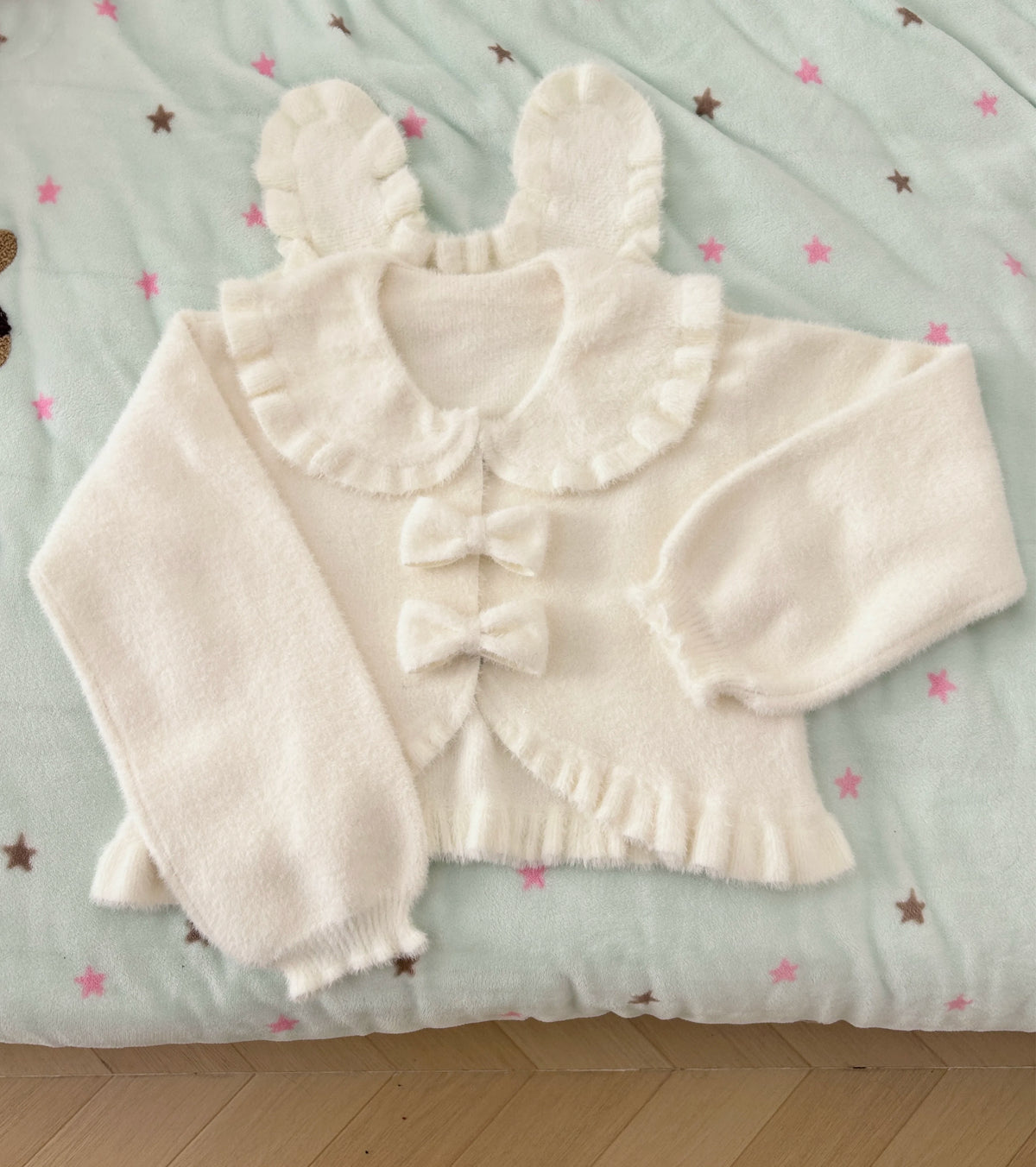 Rabbit Ear Coat, Faux Mink Velvet, Lolita Style, Autumn and Winter Warm Short Versatile Cute Bow Plush Soft Girl Cardigan