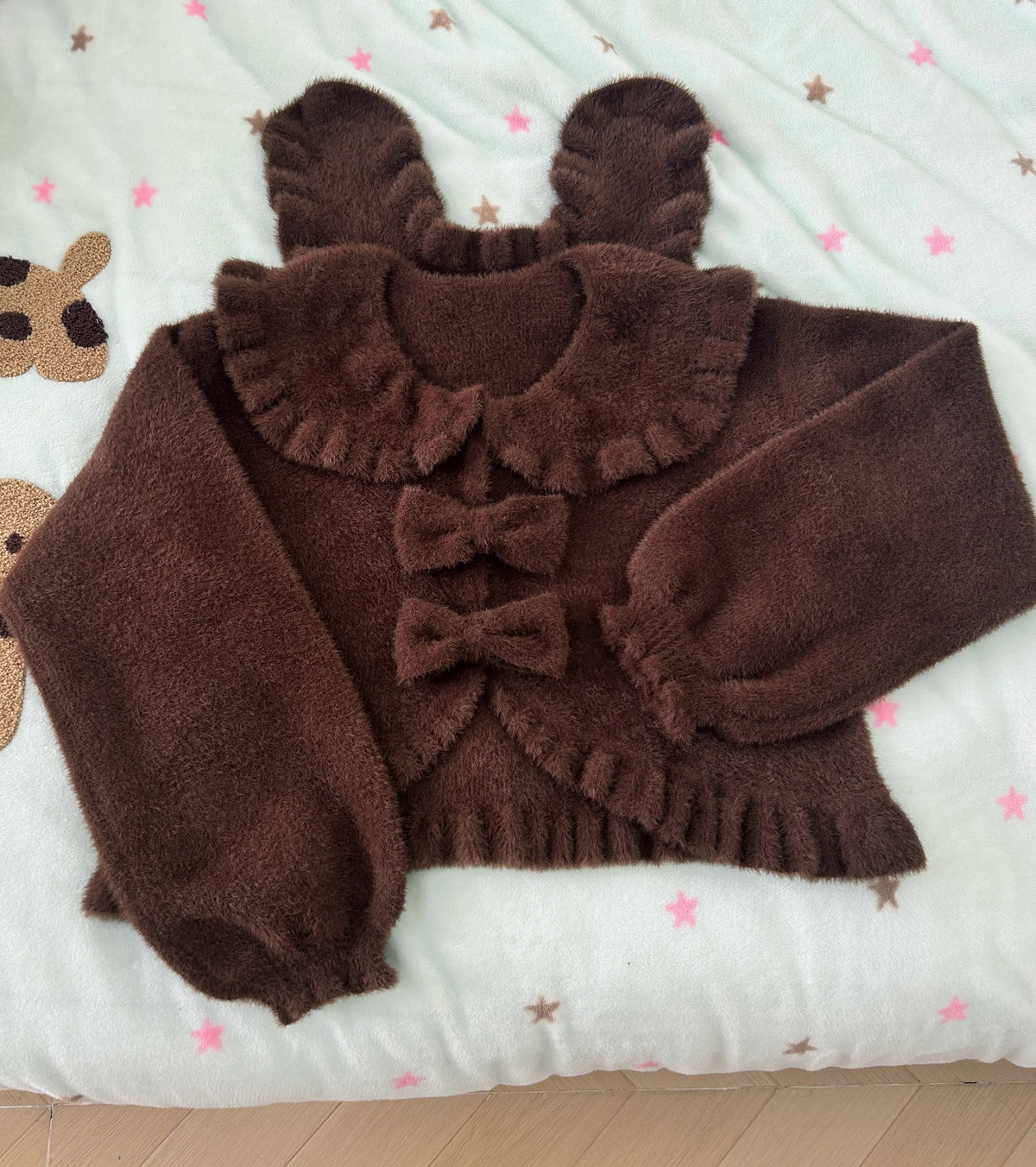 Rabbit Ear Coat, Faux Mink Velvet, Lolita Style, Autumn and Winter Warm Short Versatile Cute Bow Plush Soft Girl Cardigan