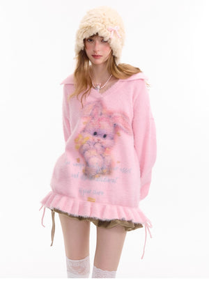 Rabbit Print Polo V - Neck Sweater with Pleated Hem LE1155 - LolitaEraBeigeSRabbit Print Polo V - Neck Sweater with Pleated Hem LE1155