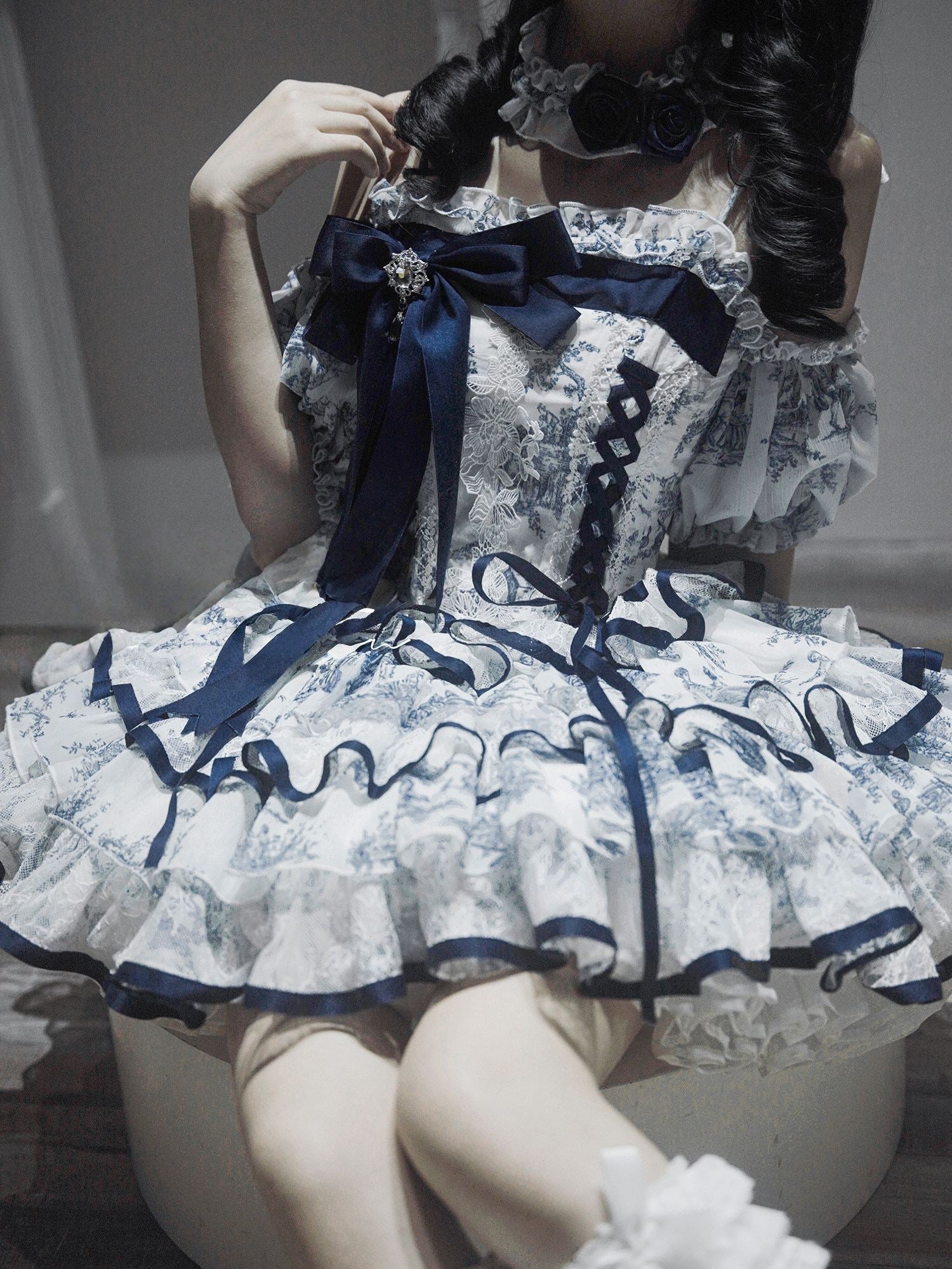 Rain Falling on Celadon Boned Corset Dress - LolitaEra82cmSRain Falling on Celadon Boned Corset Dress
