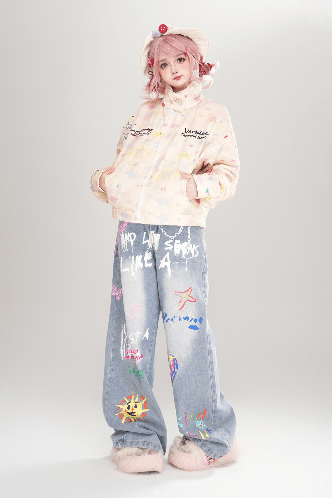 Rainbow Graffiti Cotton Jacket - LolitaEraApricotSRainbow Graffiti Cotton Jacket